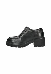 Chaussures en cuir noir avec un bout arrondi, un laçage et une semelle épaisse. Présentent un dessus texturé et un minimalisme en matière de marque.