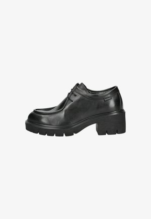 Chaussures en cuir noir avec un bout arrondi, un laçage et une semelle épaisse. Présentent un dessus texturé et un minimalisme en matière de marque.
