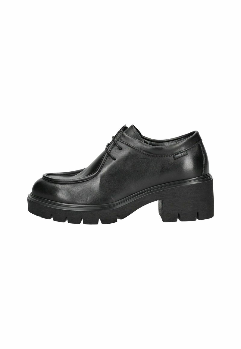 Chaussures en cuir noir avec un bout arrondi, un laçage et une semelle épaisse. Présentent un dessus texturé et un minimalisme en matière de marque.