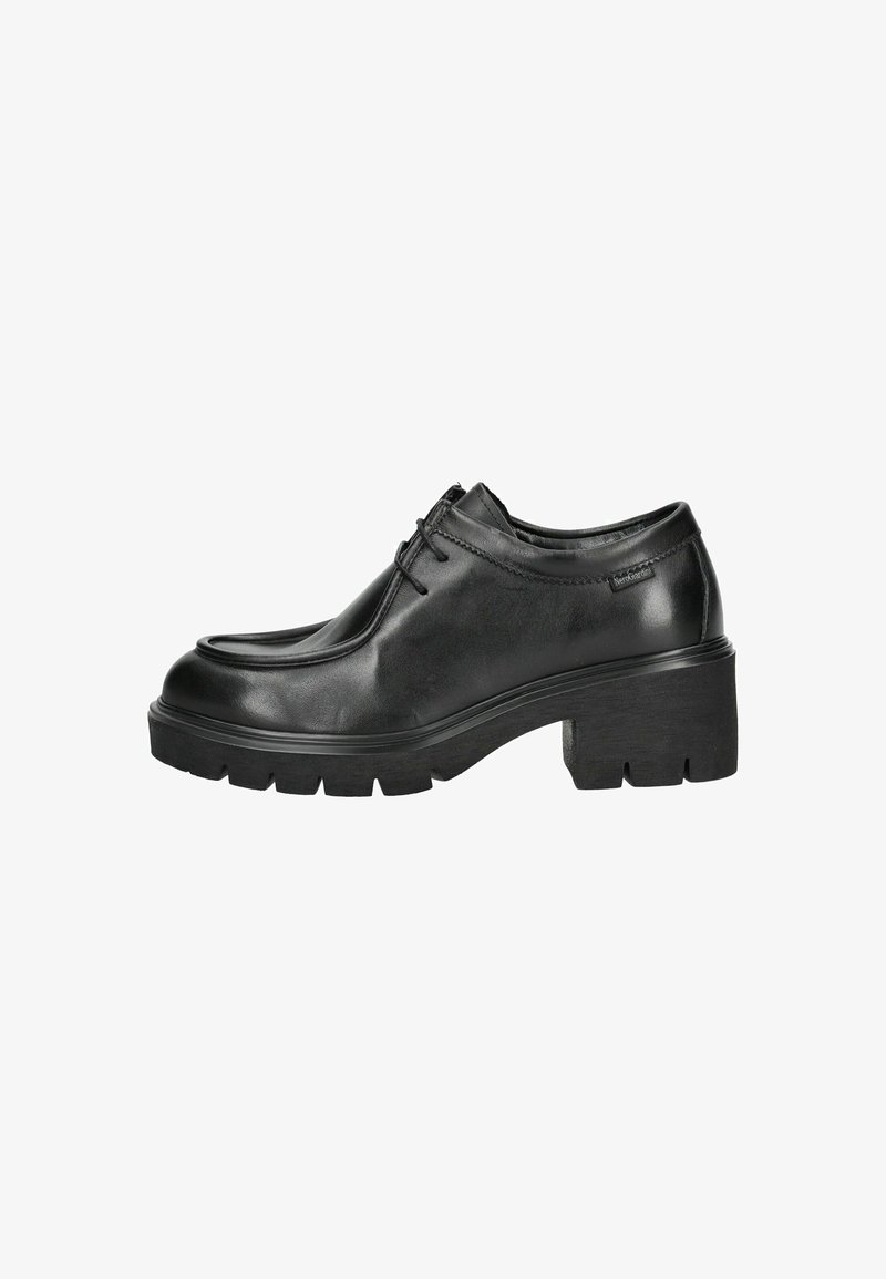 Schwarze Lederschuhe mit abgerundetem Zehenbereich, Schnürdesign und dicker Plateausohle. Mit strukturiertem Obermaterial und minimaler Markenkennzeichnung.