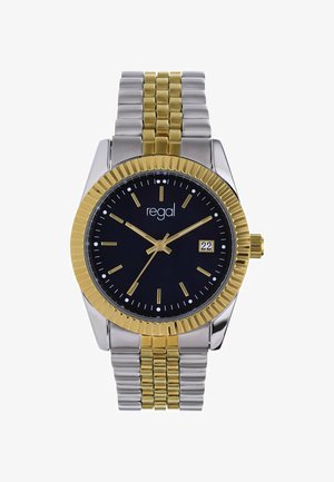 Goudkleurig en zilverkleurig roestvrijstalen horloge met een zwarte wijzerplaat, gouden wijzers, datumweergave en een gestructureerde lunette. Voorzien van een schakeldesign armband.