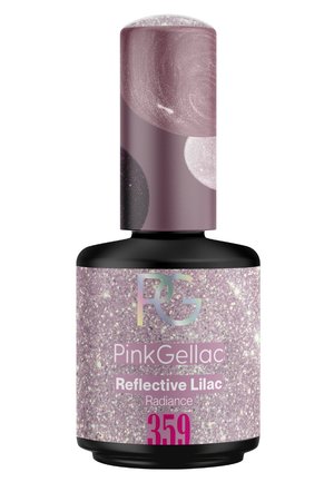 Bottle of Pink Gellac Reflective Lilac Radiance nail polish with glittery light purple shade, labeled "359" on front.