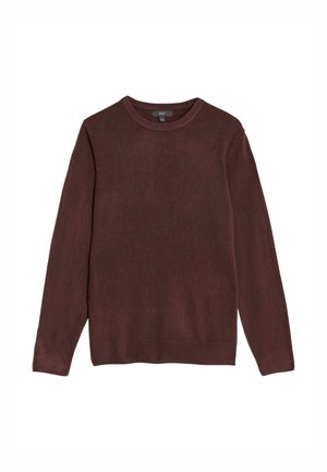 Bordowy sweter wykonany z miękkiego materiału, z okrągłym dekoltem, długimi rękawami i ściągaczami. Prosty, klasyczny wzór.