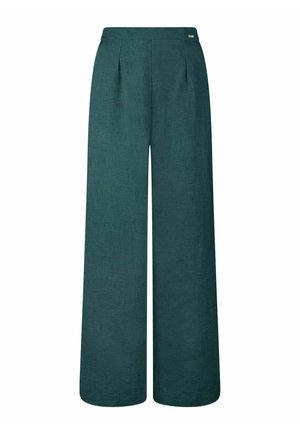 Pantalon taille haute à jambes larges bleu sarcelle avec plis à l'avant et une discrète étiquette logo sur la ceinture, présenté sur fond blanc.