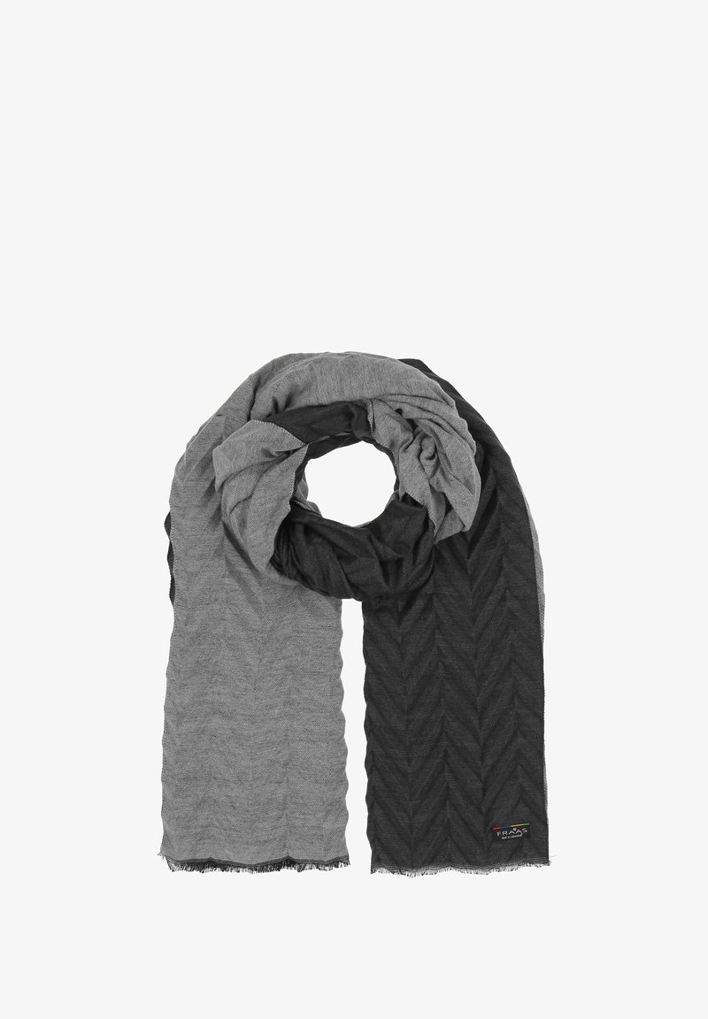 Écharpe grise et noire avec un motif en chevron, faite de tissu doux, avec des bords frangés et une petite étiquette logo.