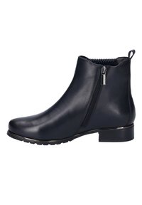 Black leather ankle boot featuring a side zipper, a textured upper, a round toe, and a low block heel with a rubber sole.