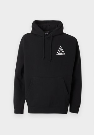 Must värviline kapuutsiga pullover esikülje kängurutasku ja vasakul rinnal valge kolmnurkse logoga, millel on tähestikukirjad h, u, v, f.