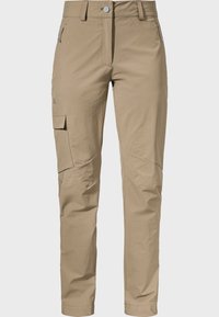 Beige Cargo-Hosen aus leichtem Stoff mit geradem Schnitt, ausgestattet mit seitlichen Taschen und dezenten Stickdetails.