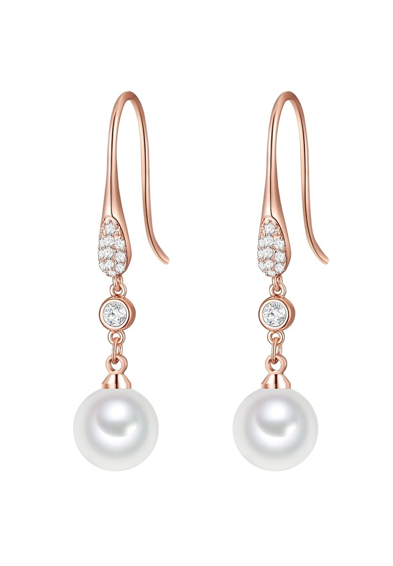 Uhani iz rožnatega zlata v obliki kapljice, okrašeni z majhnimi belimi diamanti in velikimi belimi biseri, ki prikazujejo polirane površine in nežne poudarke.