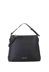 Borsa a tracolla in pelle nera testurizzata con tracolla regolabile e logo "Valentino" in oro al centro sul davanti.