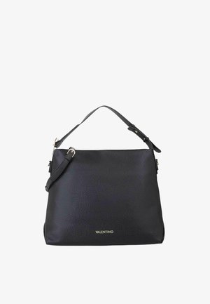 Borsa a tracolla in pelle nera testurizzata con tracolla regolabile e logo "Valentino" in oro al centro sul davanti.