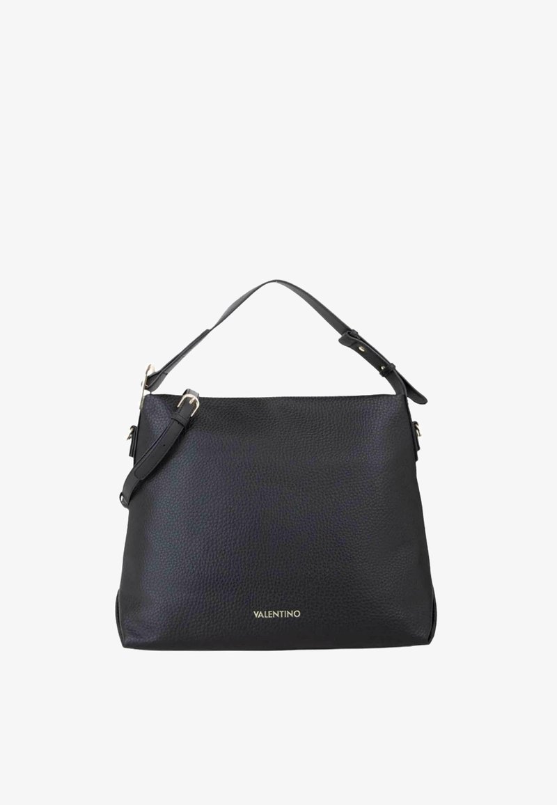 Borsa a tracolla in pelle nera testurizzata con tracolla regolabile e logo "Valentino" in oro al centro sul davanti.