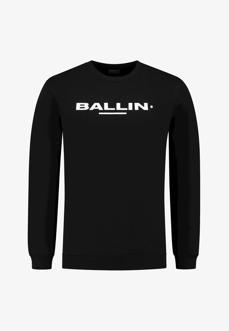 Sweat-shirt noir à manches longues avec col ras du cou, arborant un texte blanc en gras « BALLIN. » centré sur la poitrine au-dessus d'une ligne horizontale.