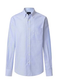 Camisa de botones azul claro hecha de una mezcla de algodón, con un bolsillo en el pecho, mangas largas, puños abotonados y un diseño de cuello clásico.