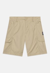 Pantaloni cargo beige con chiusura a bottoni, due tasche laterali e una tasca a toppa sulla gamba destra. Realizzati in tessuto leggero.