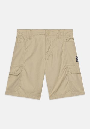 Pantaloni cargo beige con chiusura a bottoni, due tasche laterali e una tasca a toppa sulla gamba destra. Realizzati in tessuto leggero.