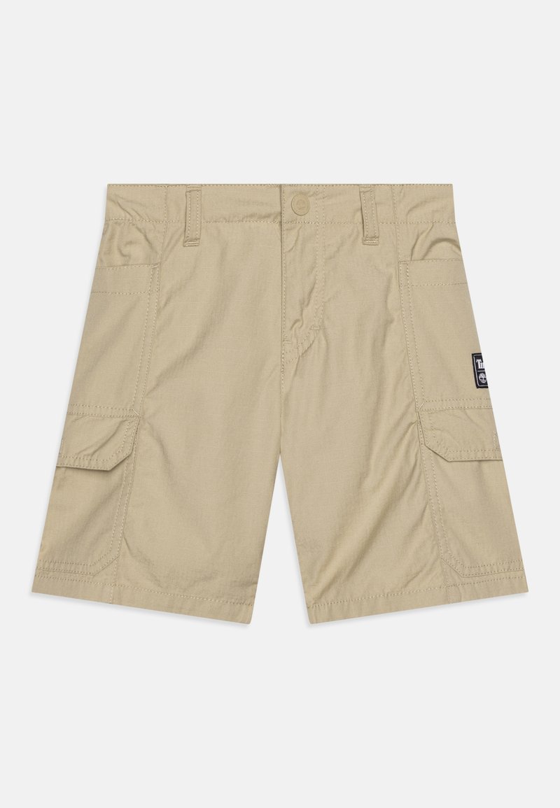 Pantaloni cargo beige con chiusura a bottoni, due tasche laterali e una tasca a toppa sulla gamba destra. Realizzati in tessuto leggero.
