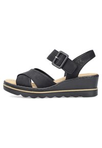 Zwarte leren wedge sandalen met een verstelbare gesp, voorzien van een gevoerd voetbed en een gegolfde rubberen loopzool.