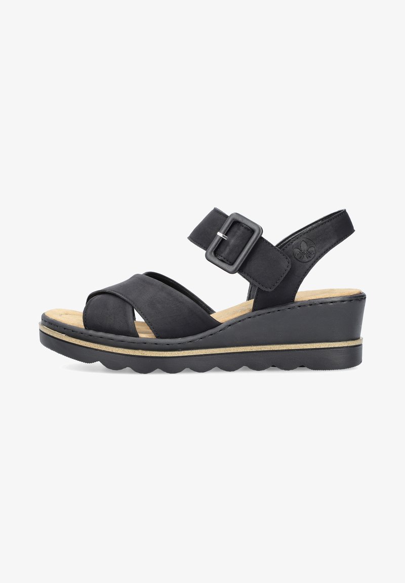 Zwarte leren wedge sandalen met een verstelbare gesp, voorzien van een gevoerd voetbed en een gegolfde rubberen loopzool.