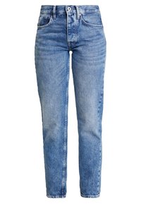 Ljust blå denimjeans med hög midja, rak passform, fem fickor och subtila blekningar fram och bak för textur.