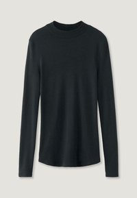 Schwarzes Langarmoberteil mit hohem Kragen, aus einem weichen, glatten Stoff gefertigt. Das Design ist schlicht mit einem abgerundeten Saum.