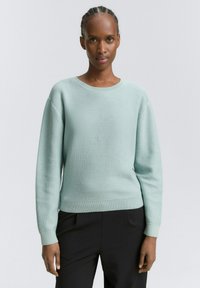 Šviesiai mėtos žalia megztinis su tekstūruota avilio raštu. Turi apvalų iškirpimą, ilgas rankoves ir tvirtinimus bei kraštus su raišteliais.