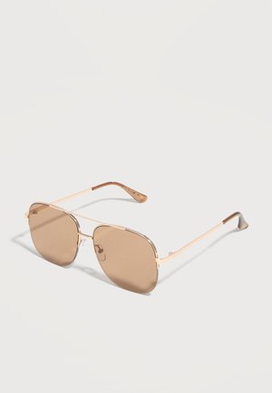 Schmale Sonnenbrille mit Metallrahmen, quadratischen braun getönten Gläsern und dünnen Bügeln auf hellem Untergrund.