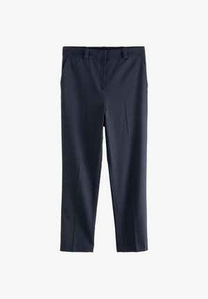 Pantalon de costume bleu marine sur mesure avec passants pour ceinture, poches avant et coupe droite.