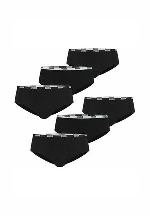 Sechs schwarze Slips mit weißen elastischen Bündchen, die wiederholt das Puma-Logo zeigen, angeordnet in zwei versetzten Reihen auf weißem Hintergrund.