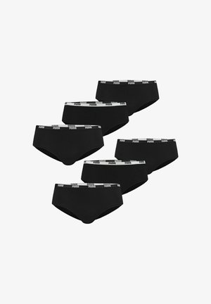 Six black briefs with white elastic waistbands featuring repeated Puma logo, arranged in two staggered rows on a white background.