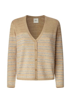 Beige cardigan met een V-hals, voorzien van horizontale blauwe en grijze strepen, knoopsluiting en lange mouwen. Zacht gebreid textiel.
