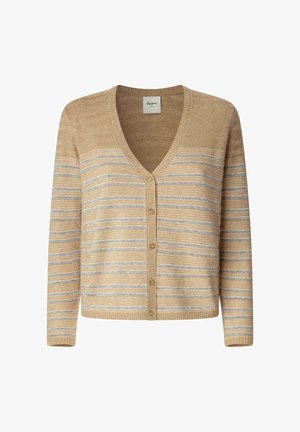 Cárdigan beige con escote en V, con rayas horizontales en azul y gris, cierre de botones y mangas largas. Tejido de punto suave y texturizado.
