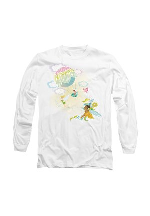 White long-sleeve t-shirt featuring colorful cartoon graphics of fairy-like characters, clouds, a hot air balloon, and floral accents.