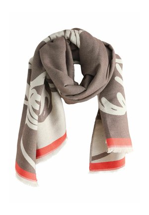 Soft woven scarf in brown and cream with a floral pattern, featuring a vibrant orange accent along the hem and frayed edges.