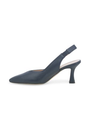 Scarpa elegante da donna in pelle blu navy con cinturino posteriore, punta appuntita e tacco medio curvo su sfondo bianco.