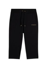 Pantalones jogger de algodón negro con cintura elástica, cordón ajustable, bolsillos laterales y detalle de logo dorado en el muslo izquierdo.