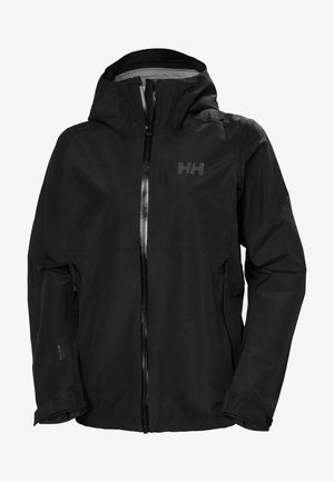 Chaqueta negra impermeable con capucha, cierre frontal con cremallera, bolsillos laterales y logotipo en el pecho. Presenta una textura suave y mate.