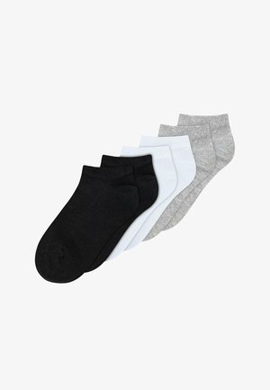Sechs Paare flache Knöchelsocken in Schwarz, Weiß und Hellgrau nebeneinander auf weißem Hintergrund angeordnet.