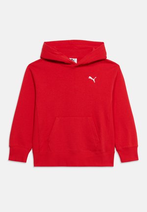 Red long-sleeve hoodie with front kangaroo pocket and white Puma logo on left chest, laid flat on a light background.