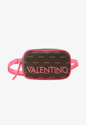 Pequeña riñonera rectangular marrón y rosa de Valentino con correa ajustable y patrón de logo.