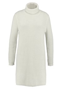 Hellgraues, gestricktes Kleid mit hohem Rollkragen, langen Ärmeln und strukturiertem Muster. Hüftlang mit lockerer Passform.
