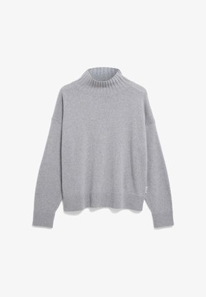 Light grey knitted turtleneck sweater with long sleeves and ribbed collar, cuffs, and hem, laid flat on white background.