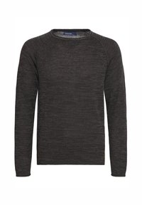 Svart langermet genser med rund hals, med et strukturert strikkemønster og raglanermer. Lett og uformell design.