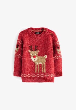 Pull tricot rouge pour enfant avec un motif principal de renne à nez rouge sur le devant et de petits rennes sur les manches, avec des boutons-pression sur l'épaule.