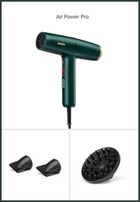 Secador de pelo BaByliss Air Power Pro de color verde oscuro con dos boquillas negras y un difusor negro.