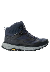 Hikingstiefel in mittlerer Höhe mit einem Obermaterial aus navyblauem Stoff und schwarzen Akzenten, strukturierten Einsätzen und einer grau gesprenkelten Sohle mit Vibram-Logo.