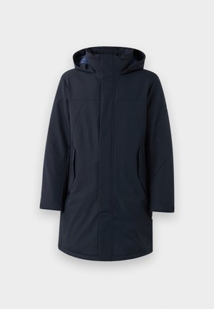 Lange donkerblauwe gewatteerde winterjas met capuchon, vooraan met rits en bedekte sluiting, twee schuine zijzakken en lange mouwen.