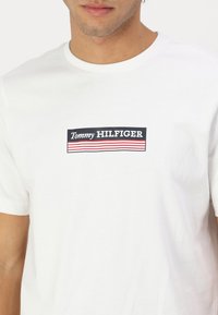 Valge puuvillane T-särk, millel on must ristkülikukujuline logo, kus on tekst "Tommy HILFIGER" ja selle all punased ja sinised triibud. Lühikesed varrukad, klassikaline lõige.