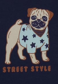 Mops trägt ein hellblaues, mit Sternen gemustertes Hemd und steht vor einem dunklen Hintergrund, mit dem Text "STRAßENSTIL" darunter in fett geschriebenen, braunen Buchstaben.