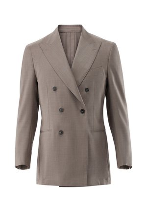 Blazer doppiopetto in tessuto marrone chiaro con una texture liscia. Presenta revers con incavi, due bottoni neri e tasche laterali.